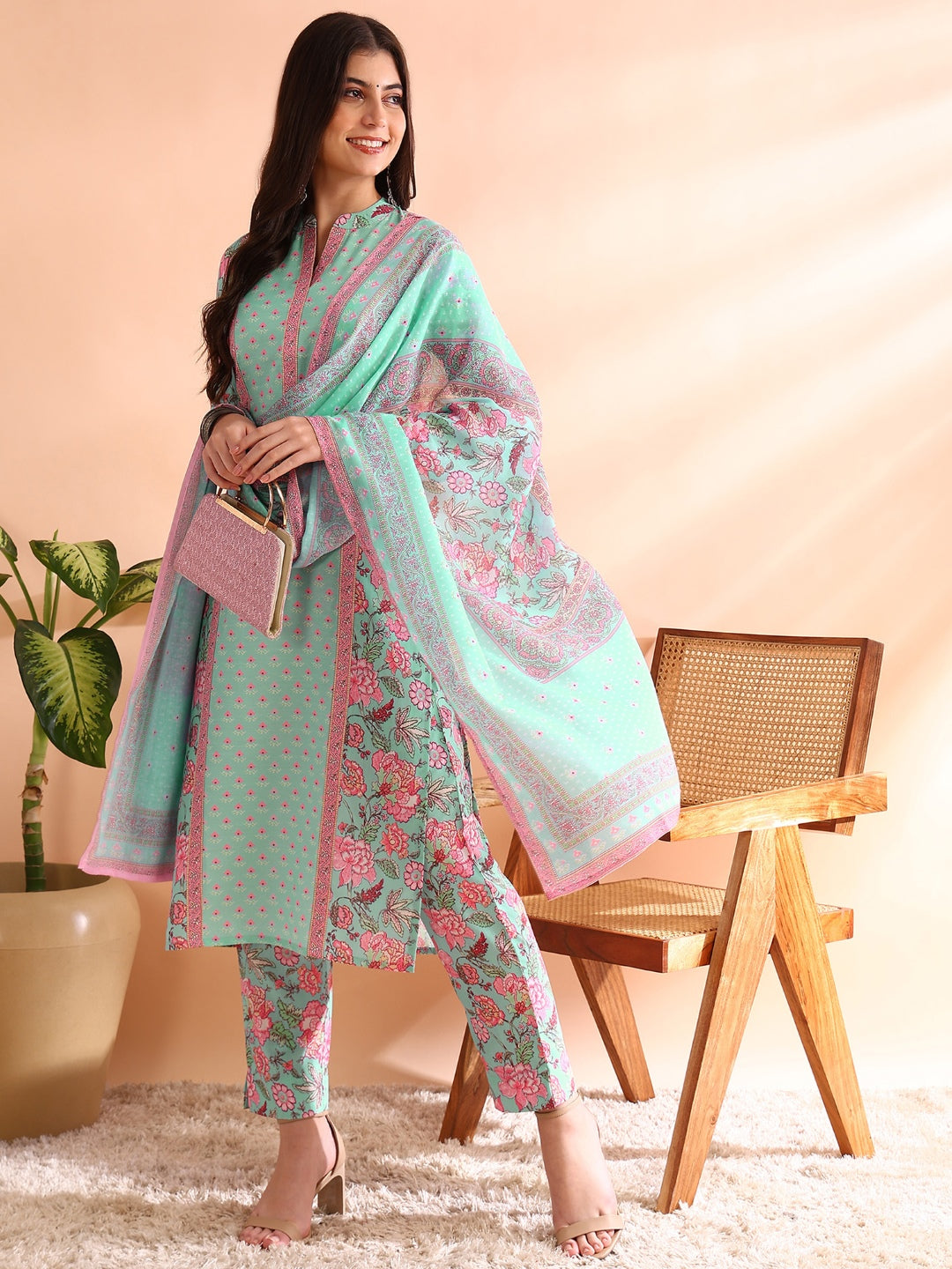 Turquoise-Blue-Poly-Rayon-Floral-Printed-3-Piece-Kurta-Set