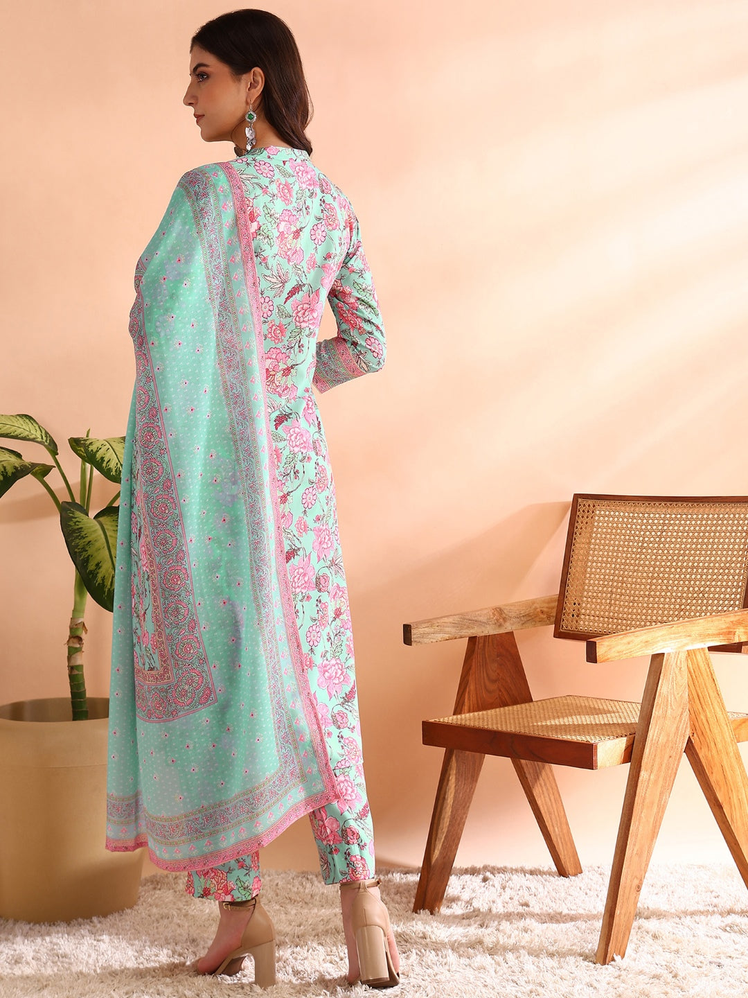 Turquoise-Blue-Poly-Rayon-Floral-Printed-3-Piece-Kurta-Set