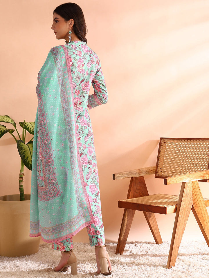 Turquoise-Blue-Poly-Rayon-Floral-Printed-3-Piece-Kurta-Set