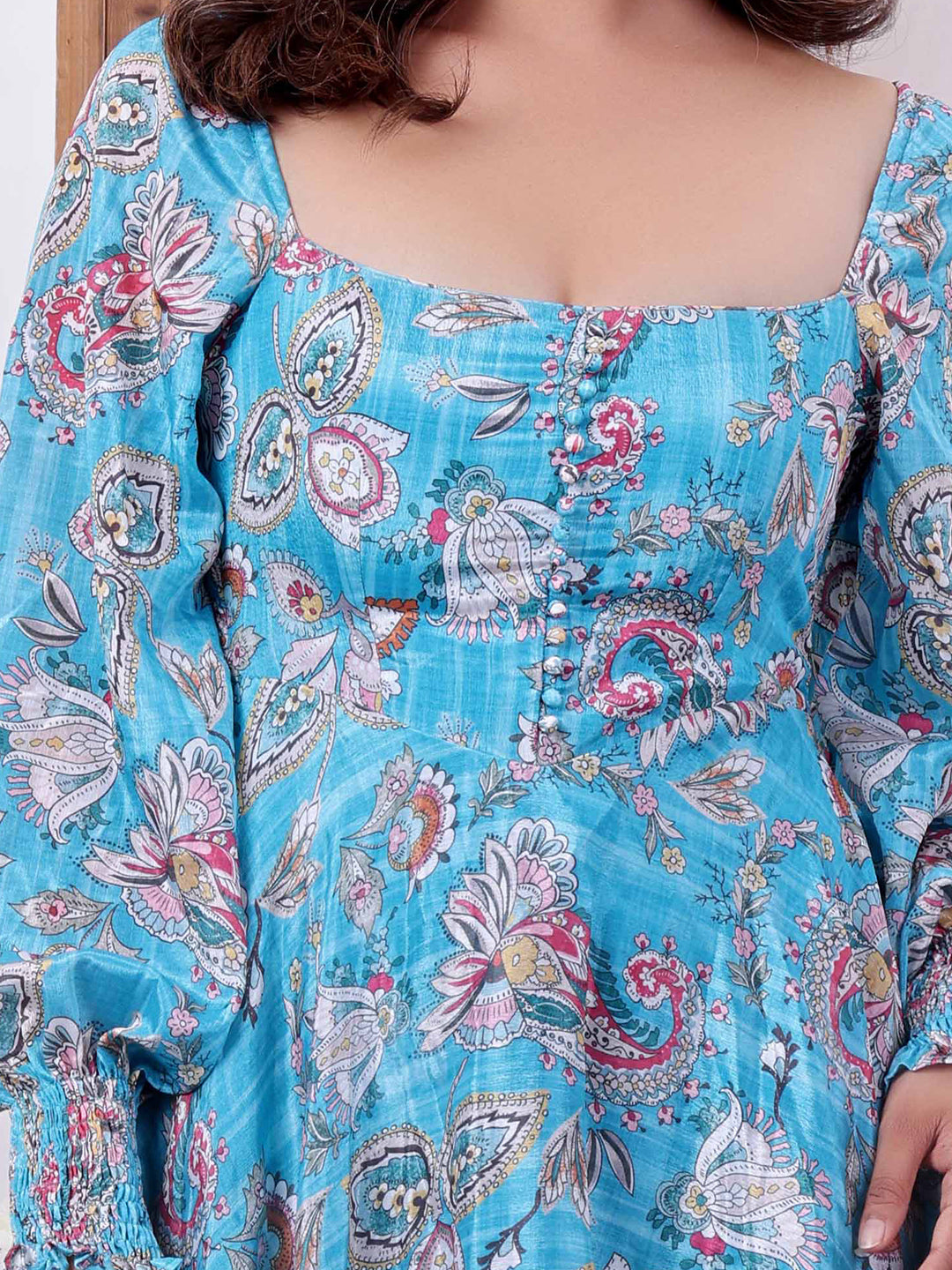 Turquoise-Blue-Polyester-Digital-Printed-Smocking-Dress