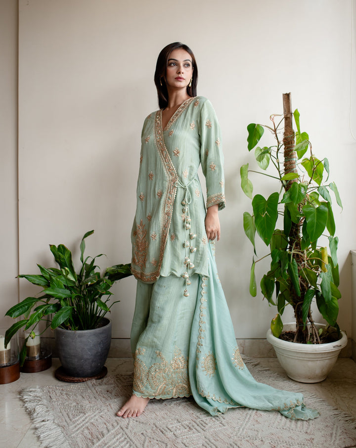 Turquoise-Crush-Tissue-Angrakha-Embroidered-Sharara-Set