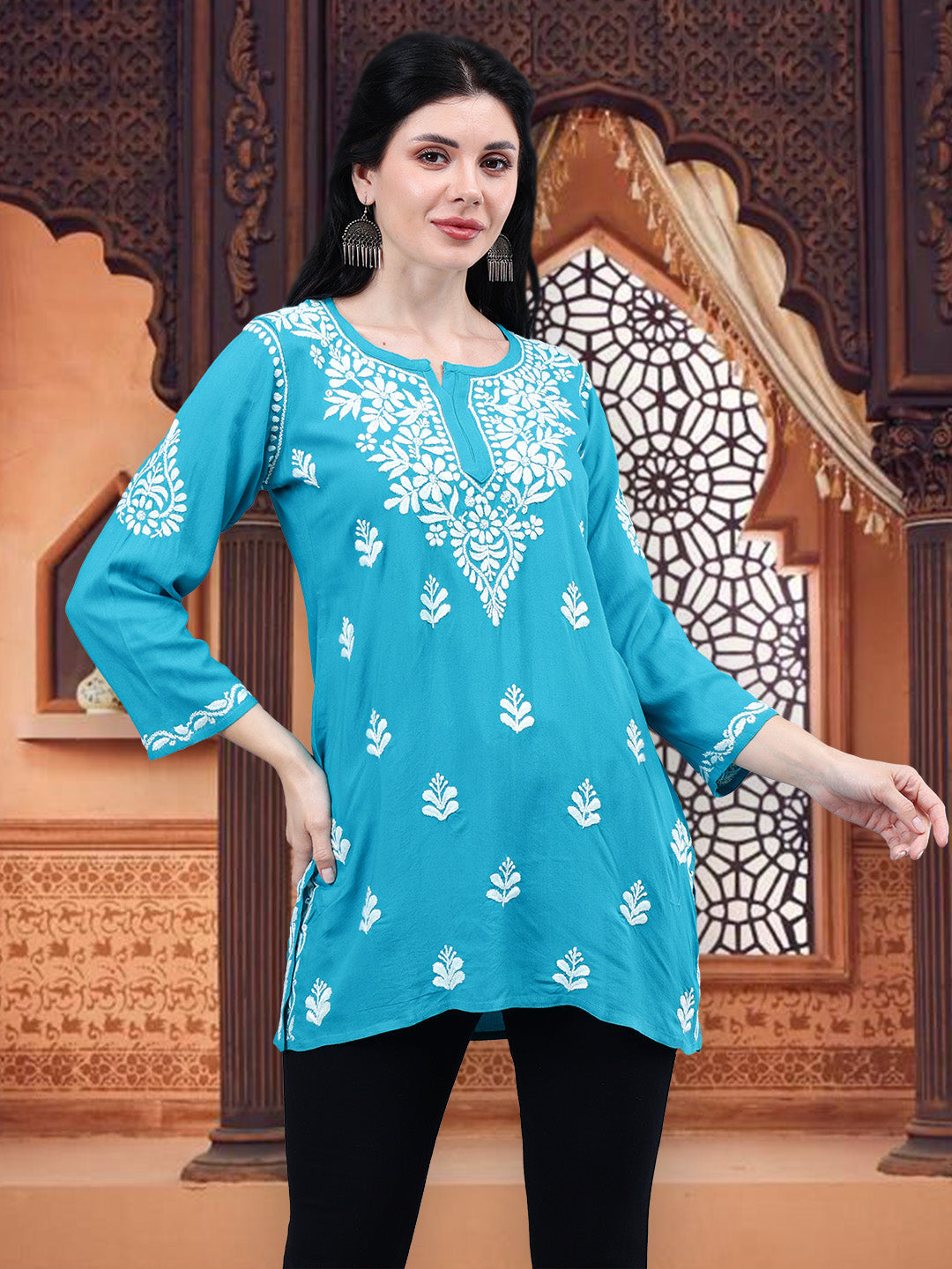 Turquoise-Rayon-Embroidered-Chikankari-Short-Tunic