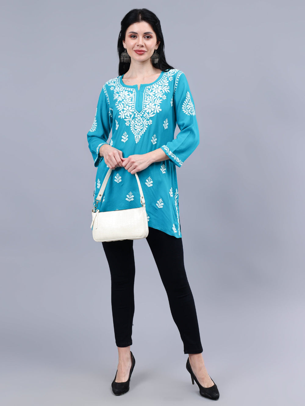 Turquoise-Rayon-Embroidered-Chikankari-Short-Tunic