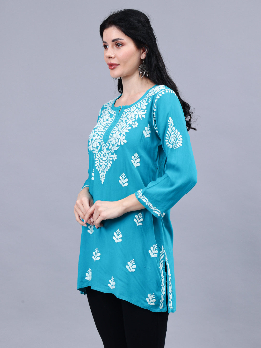 Turquoise-Rayon-Embroidered-Chikankari-Short-Tunic