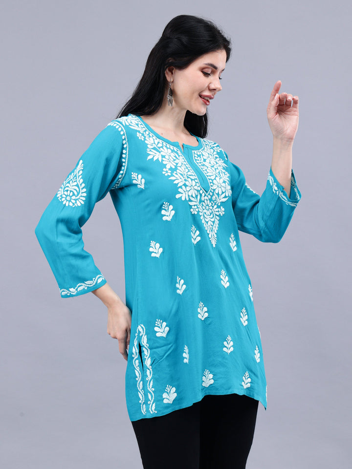 Turquoise-Rayon-Embroidered-Chikankari-Short-Tunic