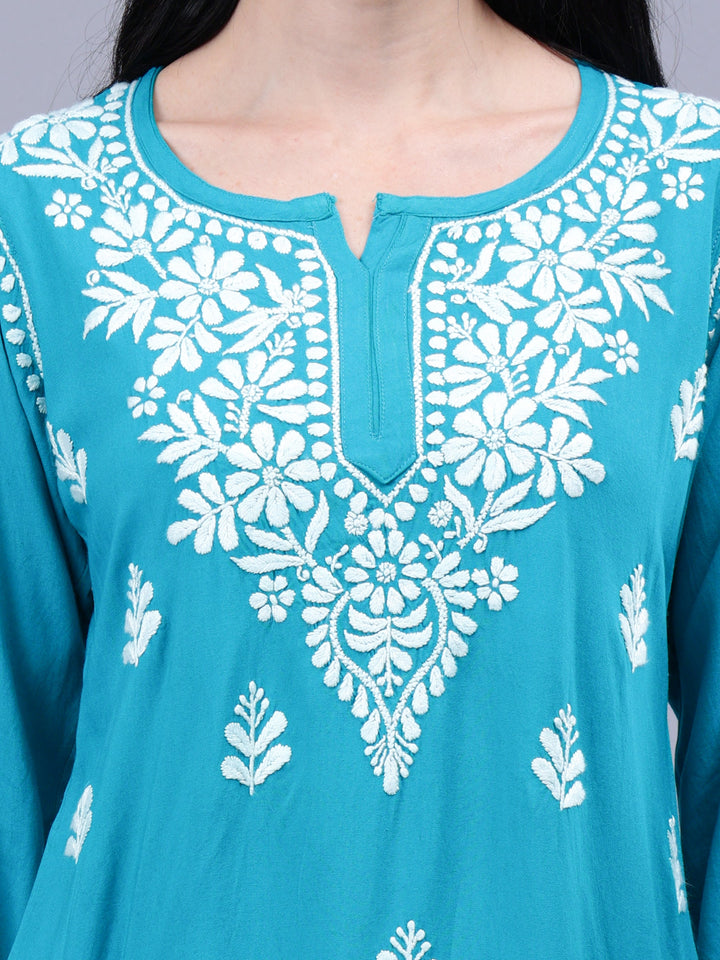 Turquoise-Rayon-Embroidered-Chikankari-Short-Tunic