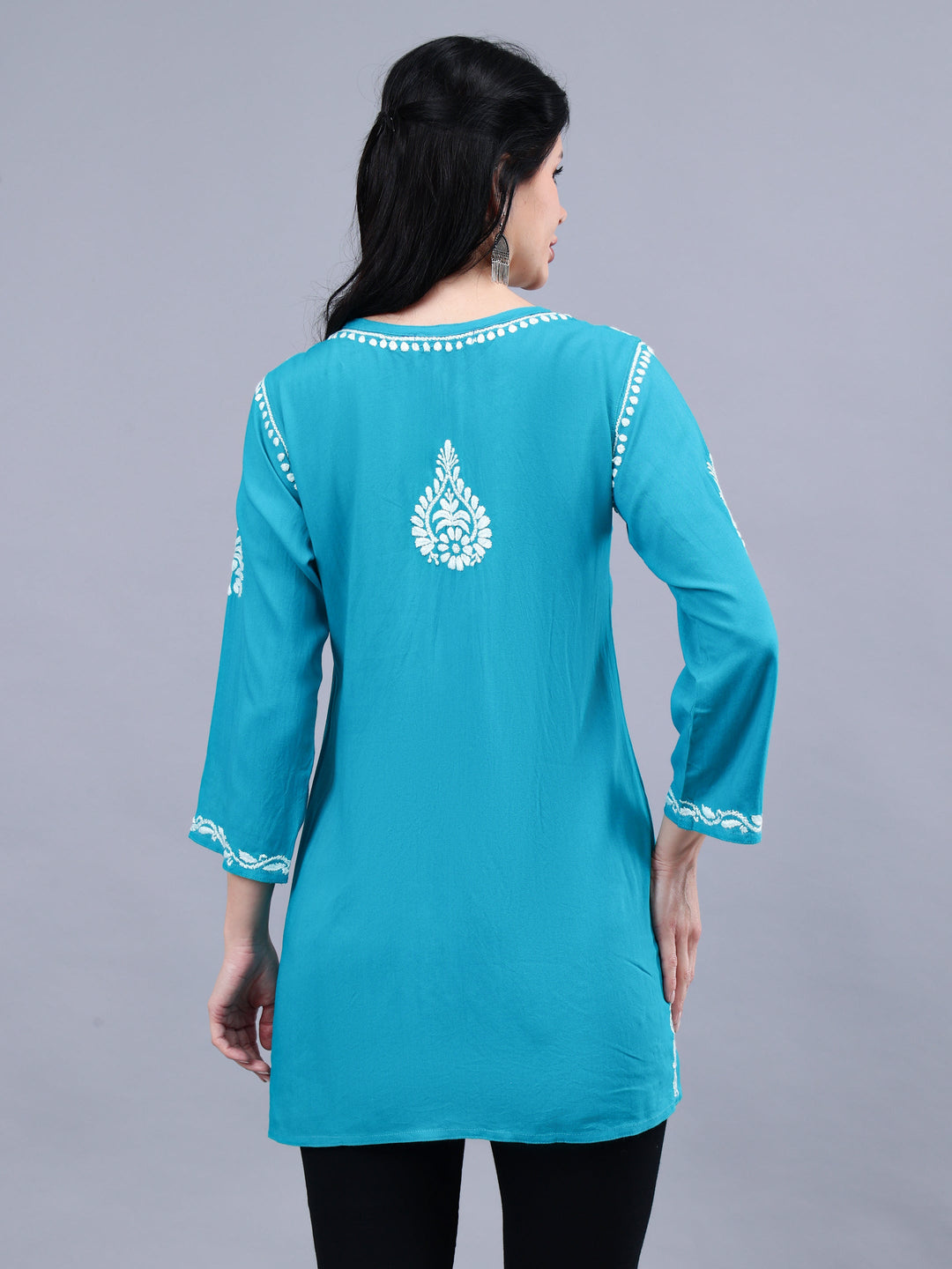 Turquoise-Rayon-Embroidered-Chikankari-Short-Tunic