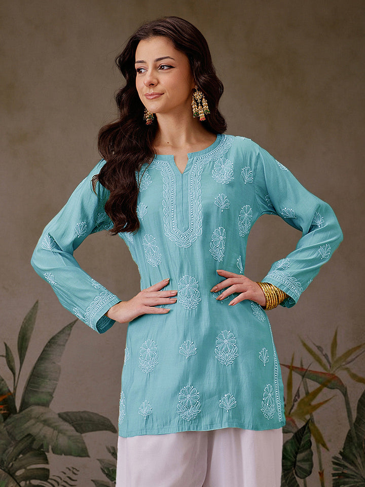 Turquoise-Blue-Chanderi-Lucknowi-Chikankari-Short-Kurta-ONLY