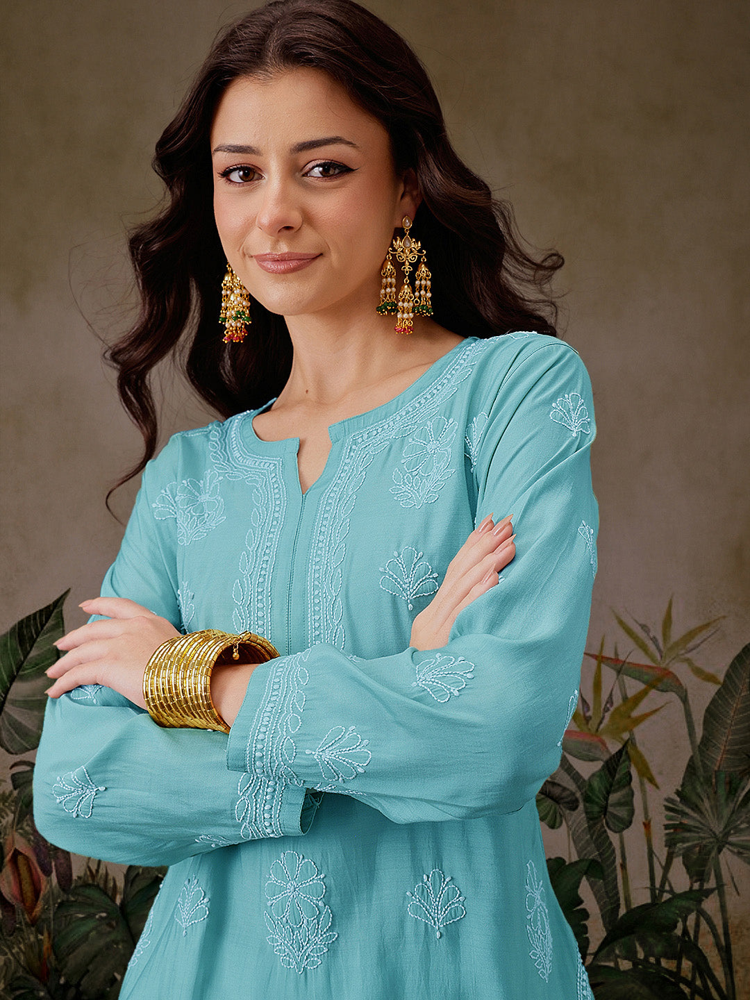 Turquoise-Blue-Chanderi-Lucknowi-Chikankari-Short-Kurta-ONLY