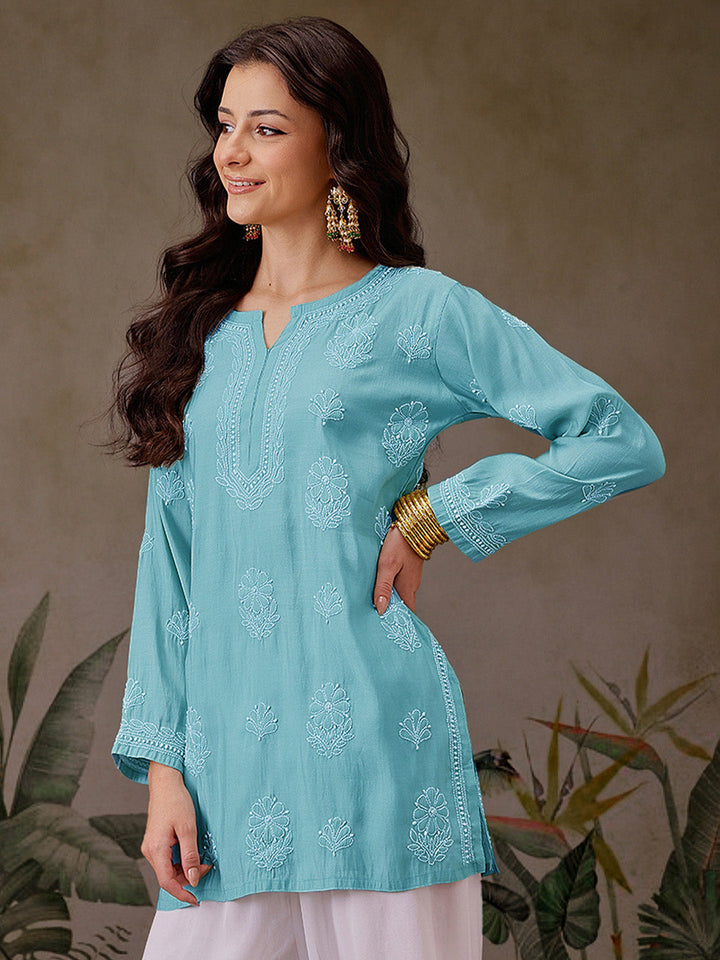 Turquoise-Blue-Chanderi-Lucknowi-Chikankari-Short-Kurta-ONLY