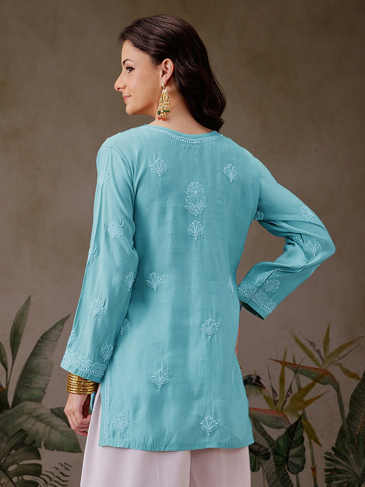 Turquoise-Blue-Chanderi-Lucknowi-Chikankari-Short-Kurta-ONLY