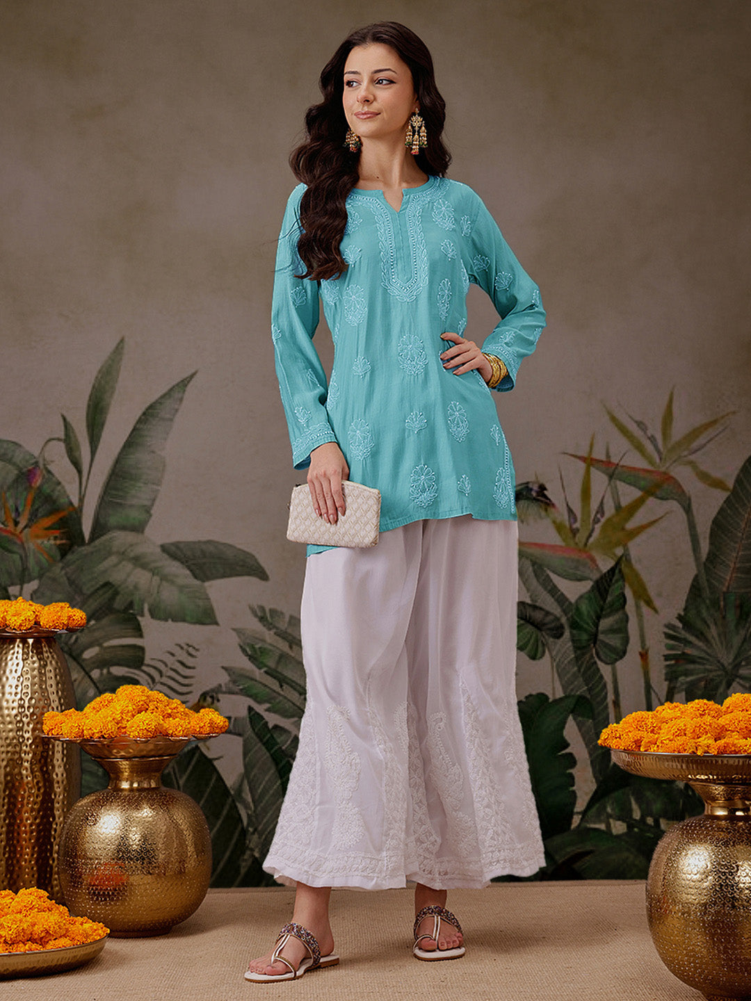 Turquoise-Blue-Chanderi-Lucknowi-Chikankari-Short-Kurta-ONLY
