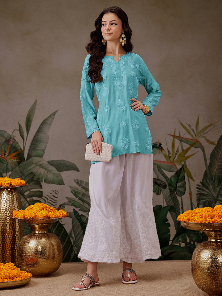 Turquoise-Blue-Chanderi-Lucknowi-Chikankari-Short-Kurta-ONLY