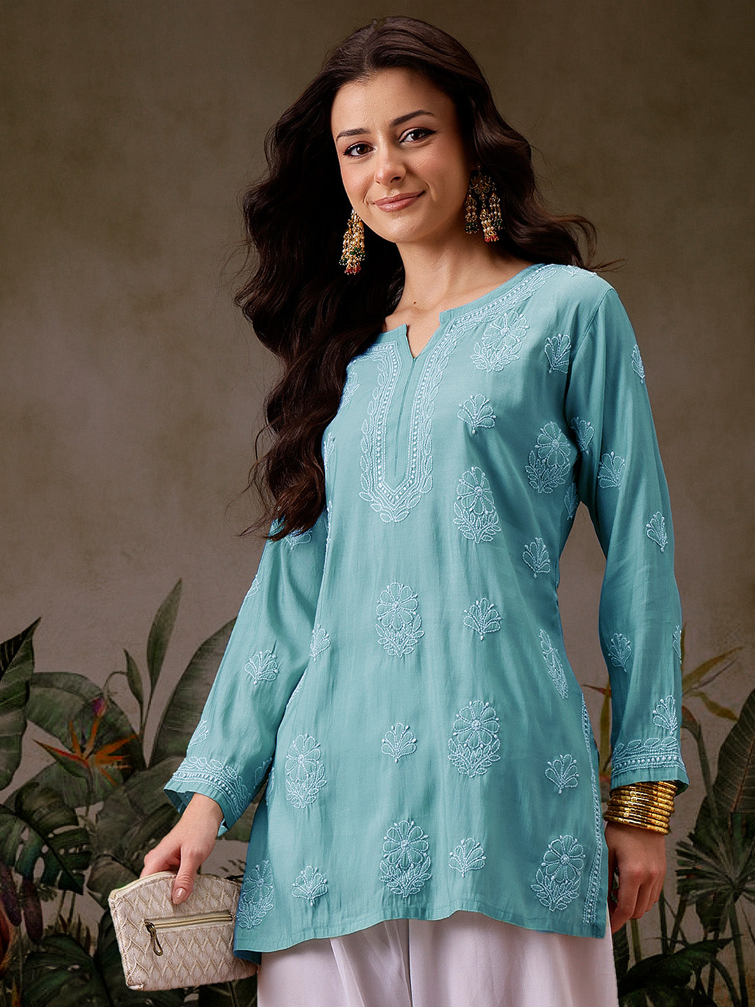 Turquoise-Blue-Chanderi-Lucknowi-Chikankari-Short-Kurta-ONLY