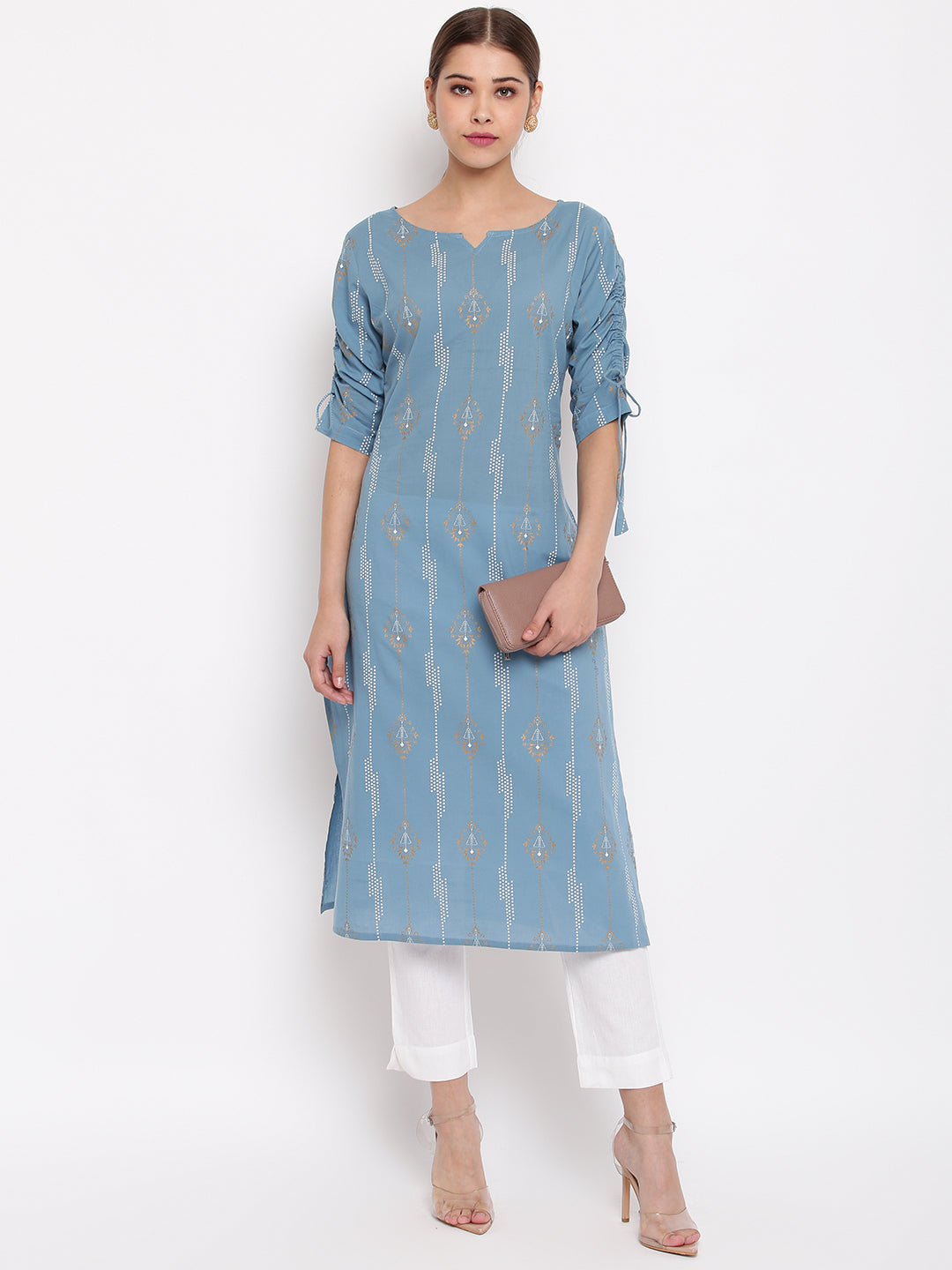 Turquoise Blue Cotton Ethnic Motifs Straight Kurta