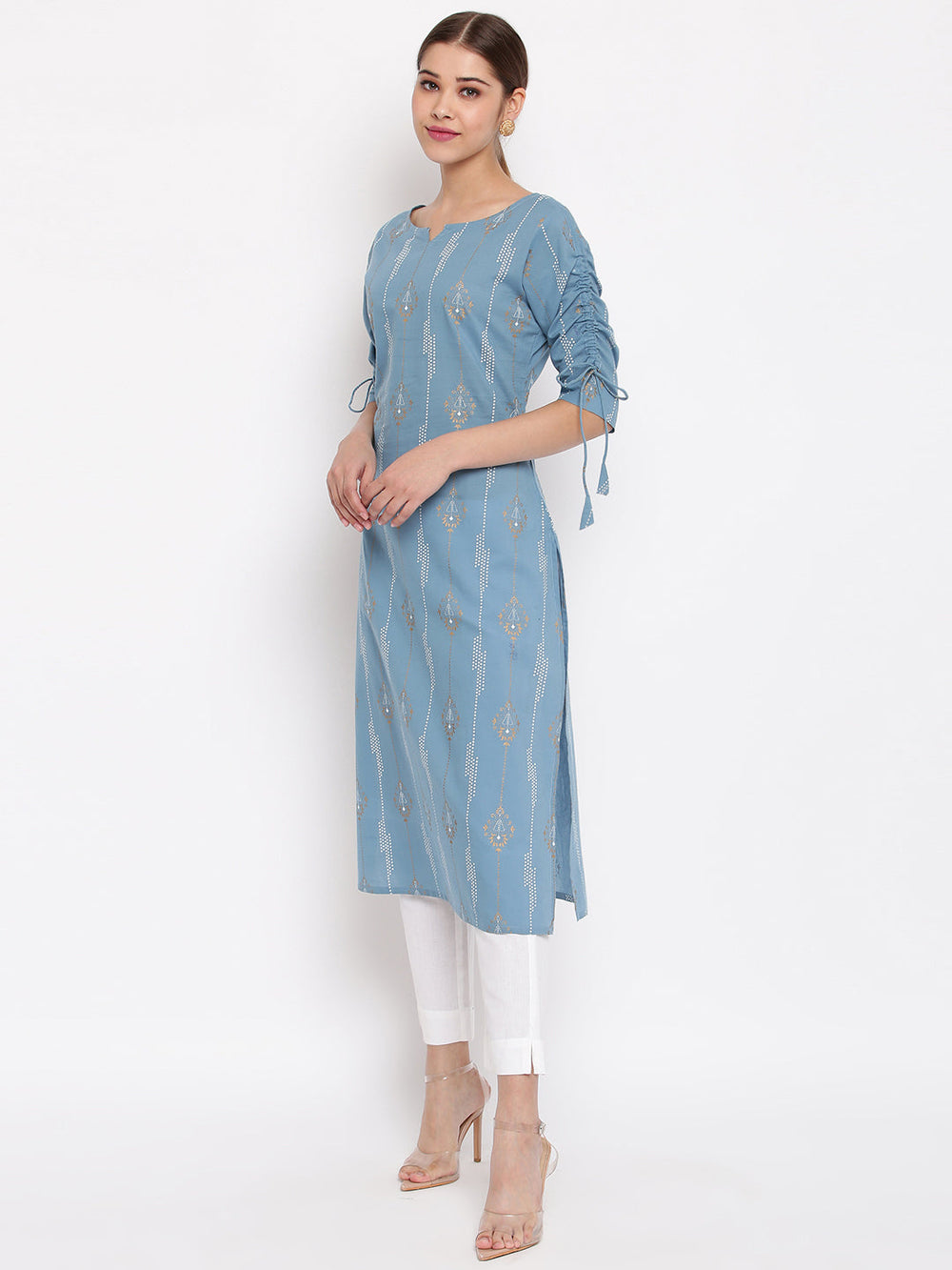 Turquoise Blue Cotton Ethnic Motifs Straight Kurta