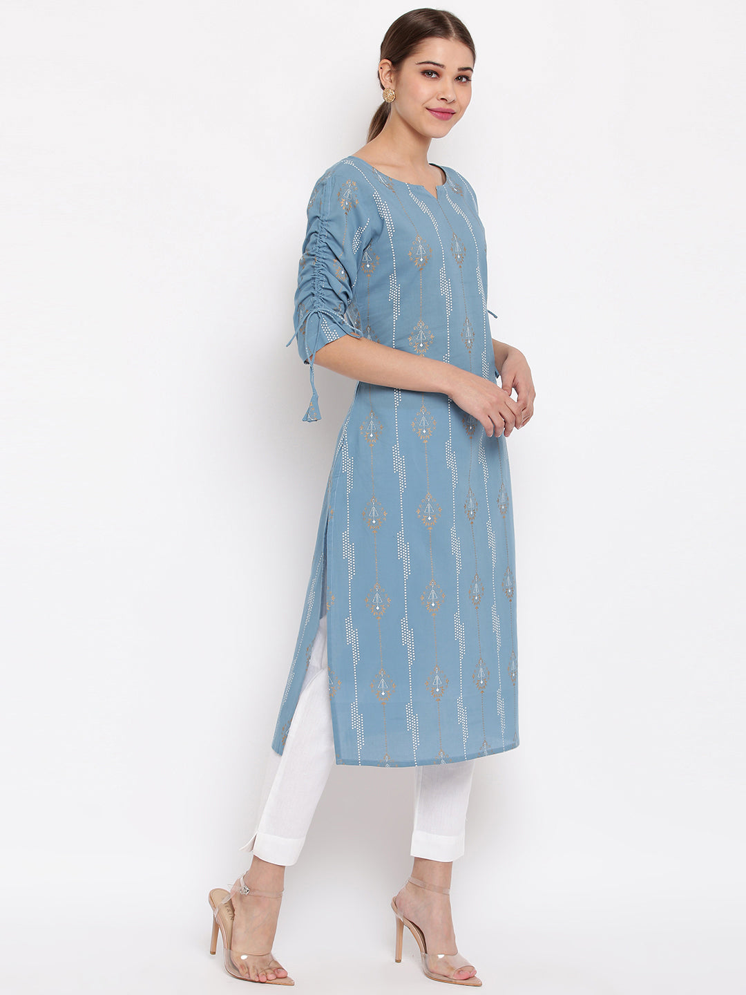 Turquoise Blue Cotton Ethnic Motifs Straight Kurta
