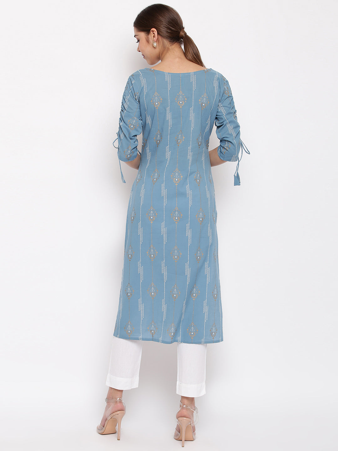 Turquoise Blue Cotton Ethnic Motifs Straight Kurta