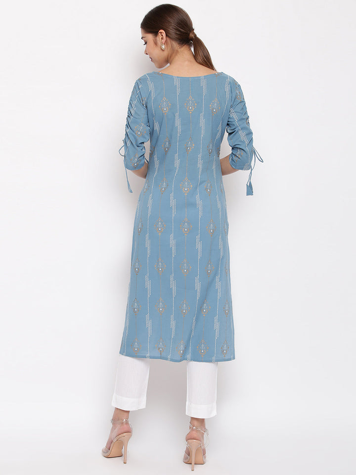 Turquoise Blue Cotton Ethnic Motifs Straight Kurta