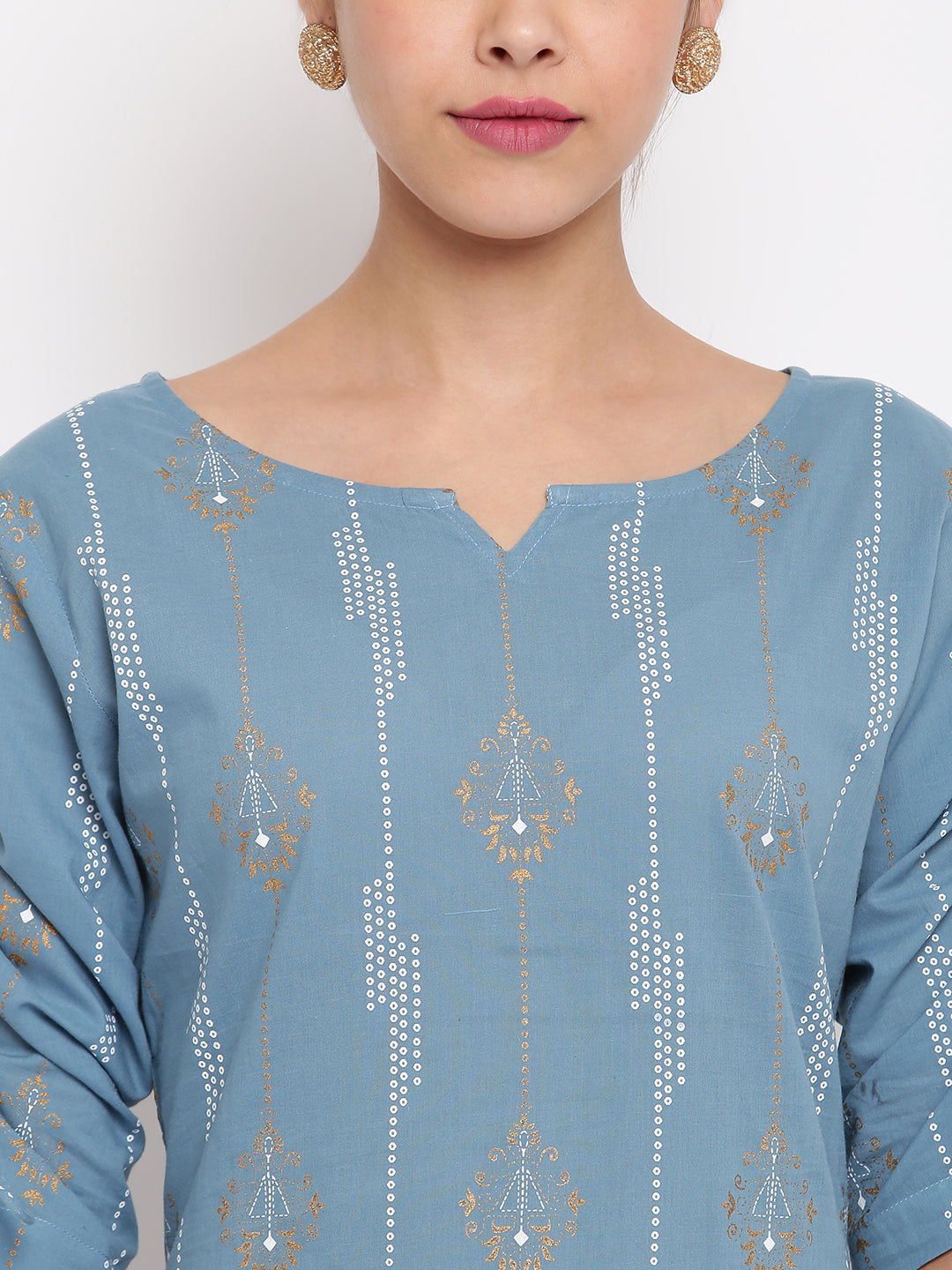 Turquoise Blue Cotton Ethnic Motifs Straight Kurta