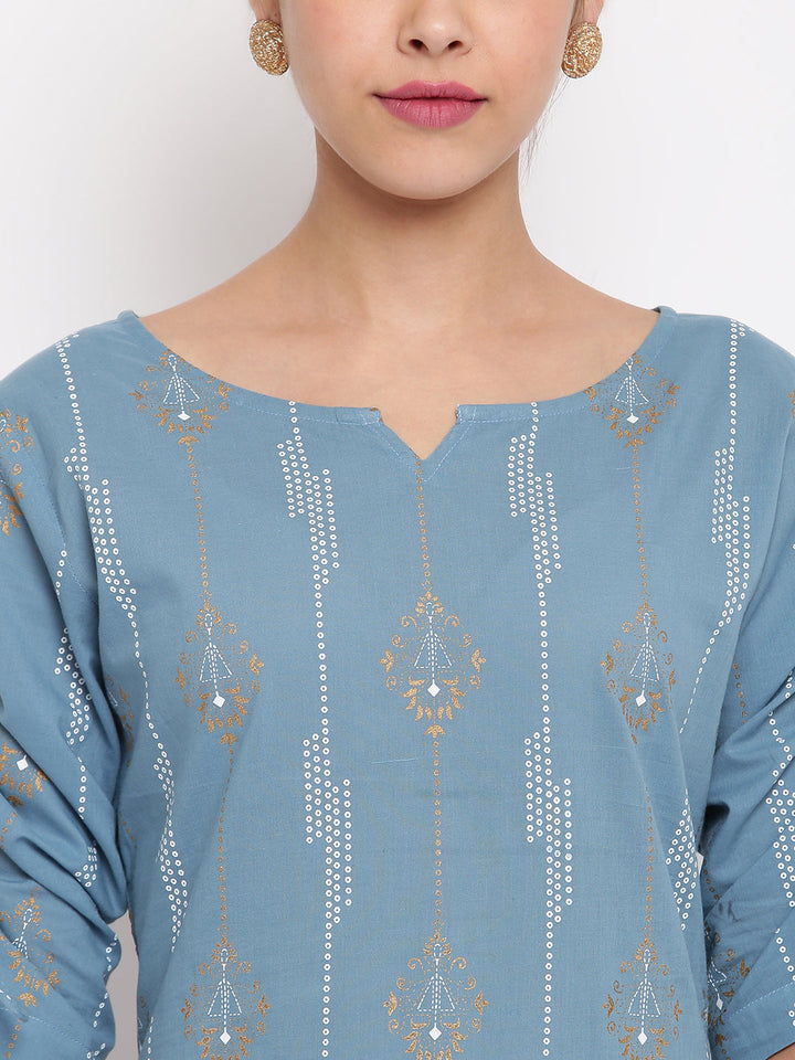 Turquoise Blue Cotton Ethnic Motifs Straight Kurta
