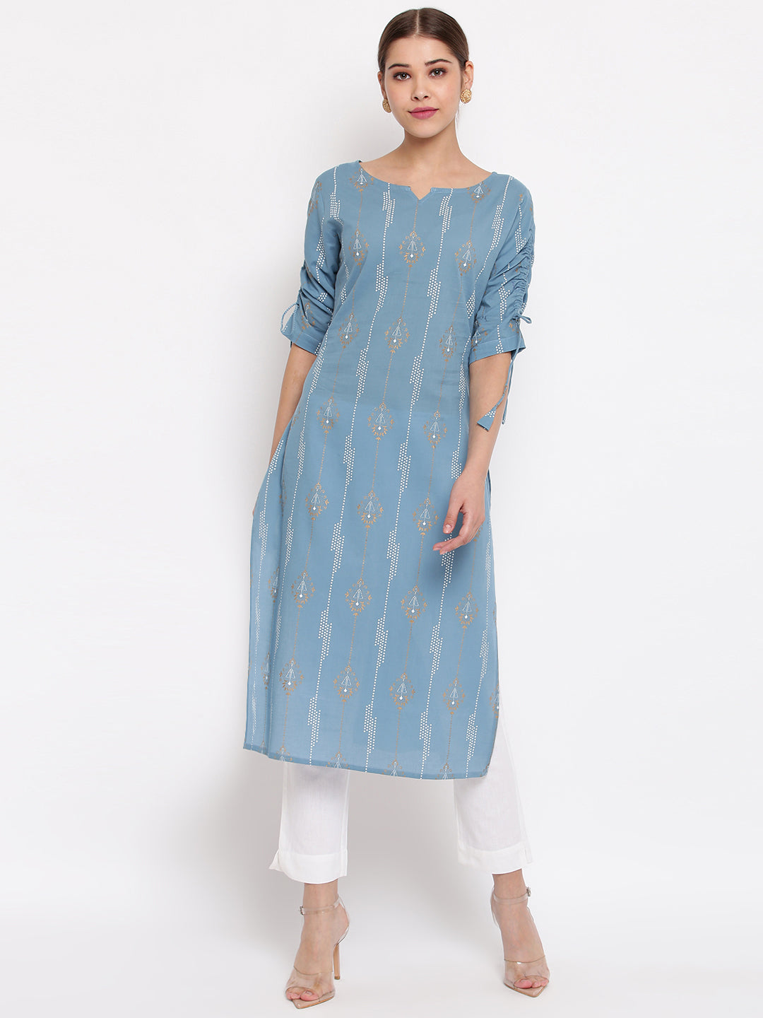 Turquoise Blue Cotton Ethnic Motifs Straight Kurta