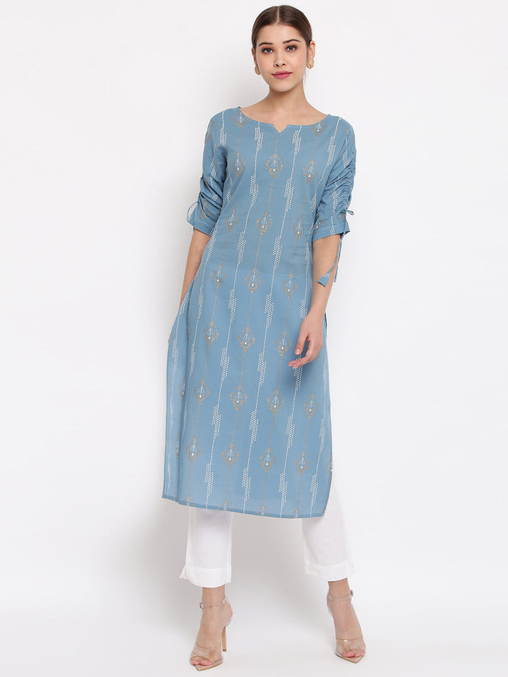 Turquoise Blue Cotton Ethnic Motifs Straight Kurta