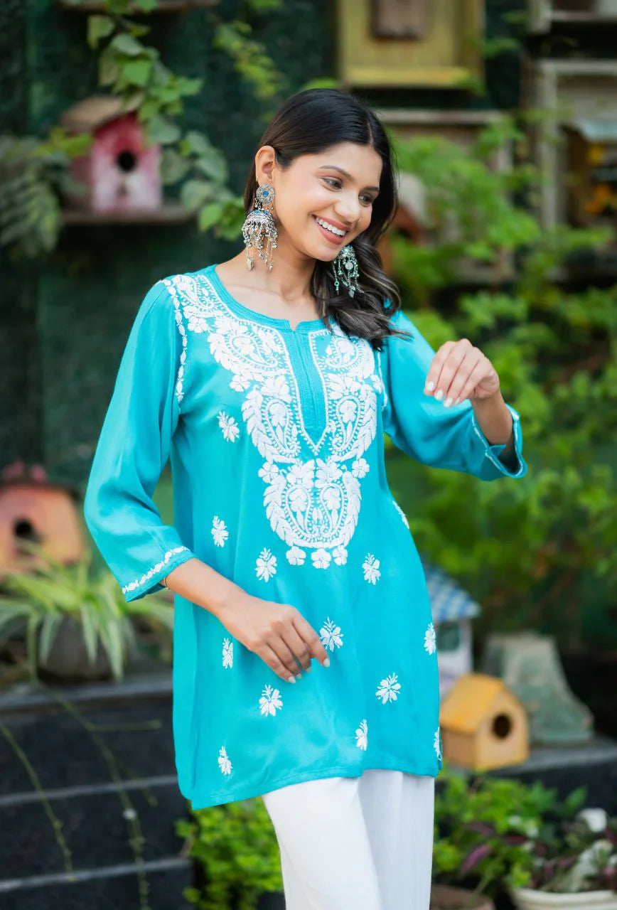 Turquoise-Blue-Cotton-Short-Chikankari-Kurta-Only