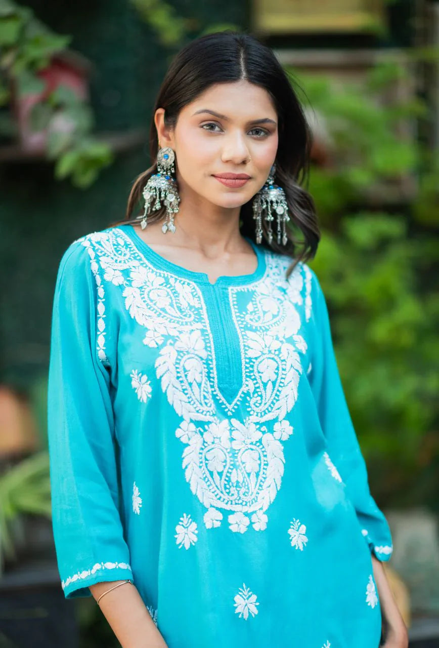 Turquoise-Blue-Cotton-Short-Chikankari-Kurta-Only