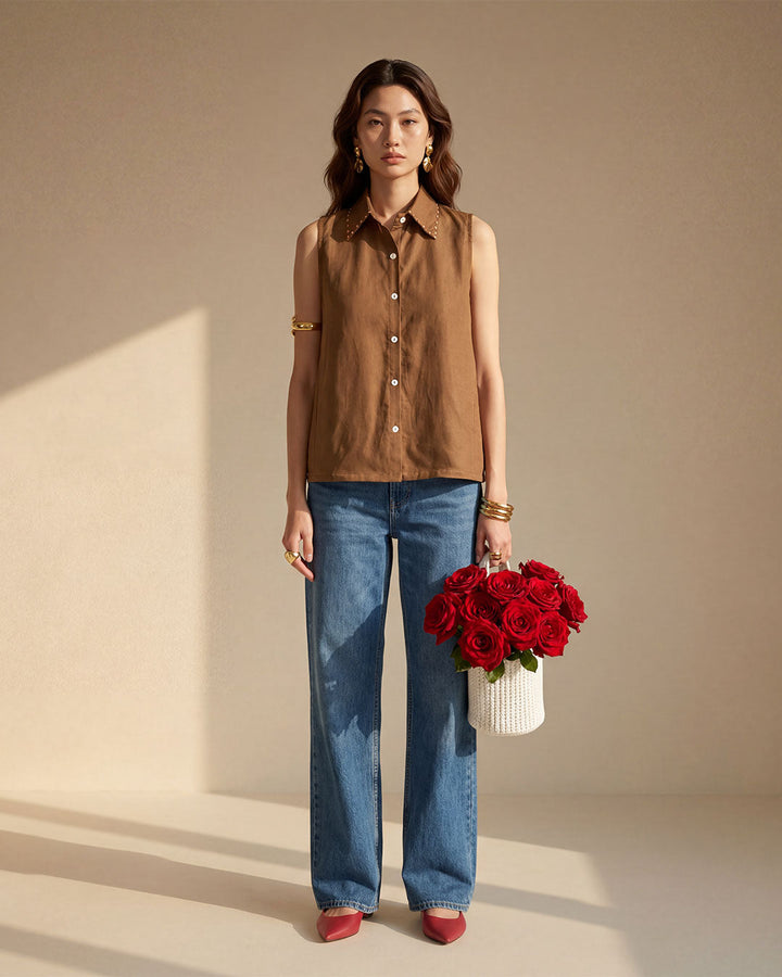Brown Sleeveless Linen Shirt
