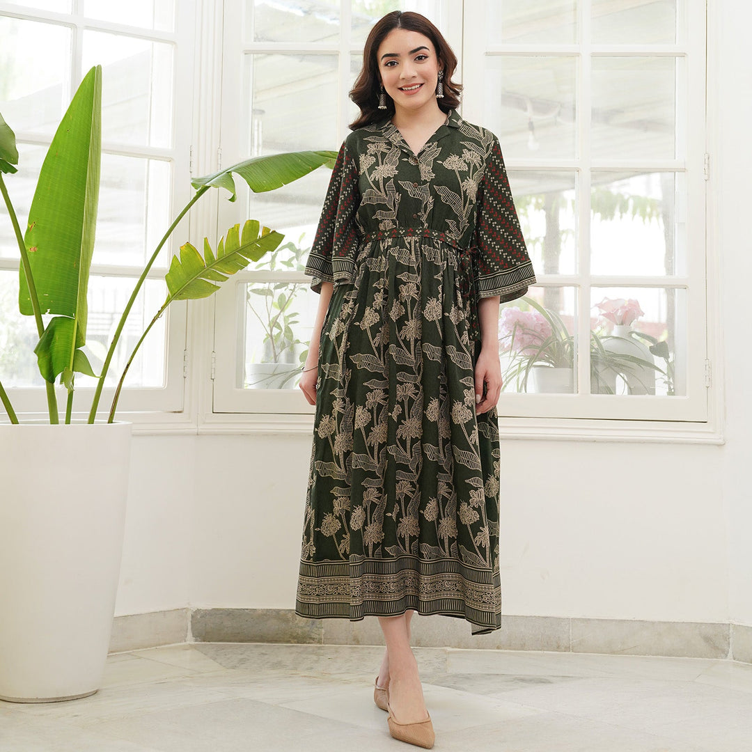 Green Rayon Flared Sleeves Dress with Belt Detail & Pockets