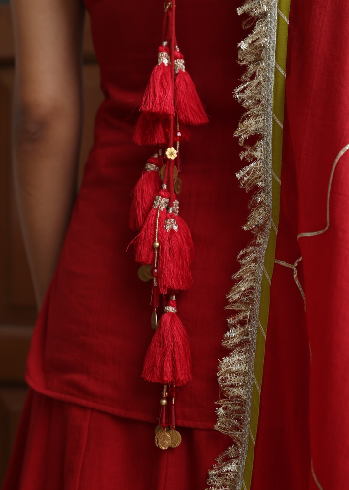Kumkum-Red-Mulmul-Short-Kurta-With-Skirt