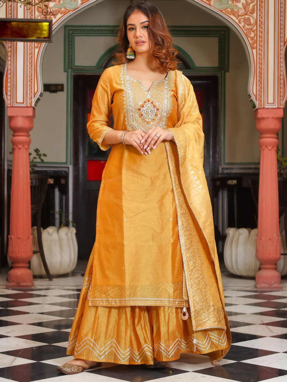 Yellow-Gold-Chenderi-Embroidered-3-Piece-Kurta-Set