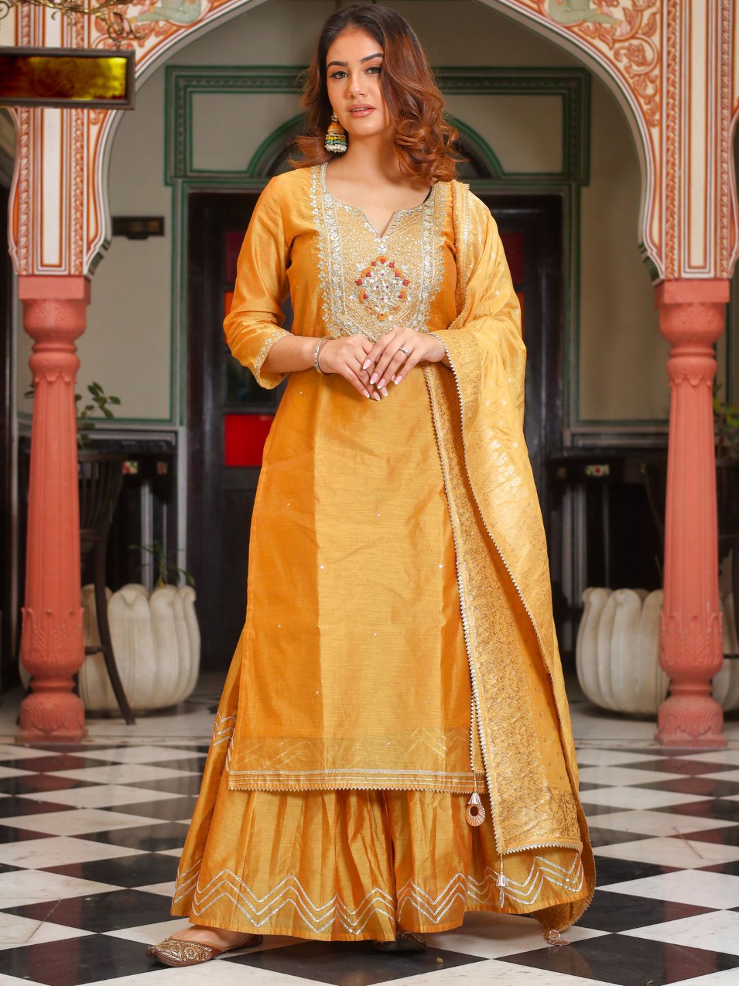 Yellow-Gold-Chenderi-Embroidered-3-Piece-Kurta-Set