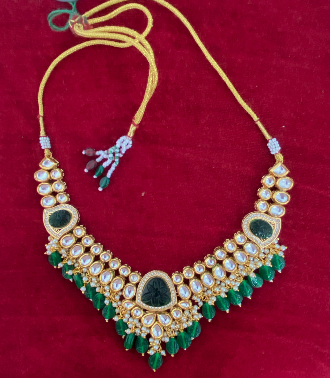 Kundan Emerald Green Beaded Indian Necklace Set