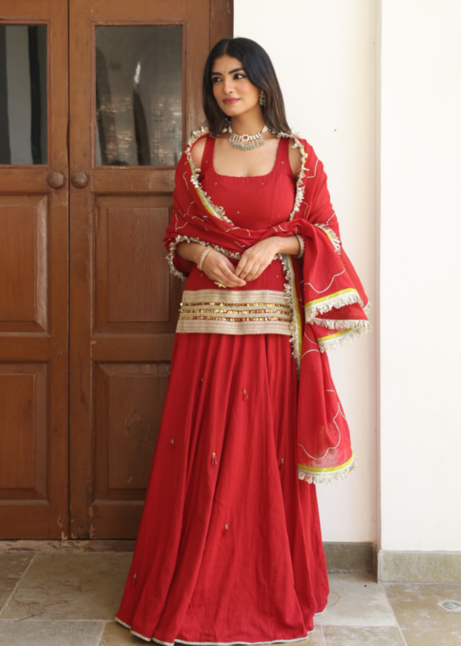 Kumkum-Red-Mulmul-Short-Kurta-With-Skirt
