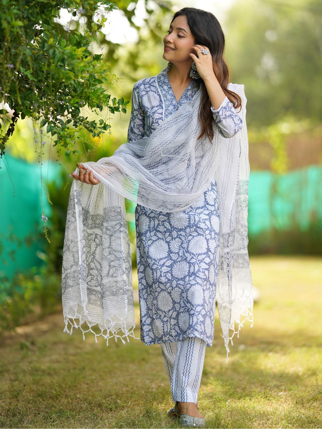 Sky-Blue-Cotton-Hand-Block-Printed-Straight-3-Piece-Kurta-Set