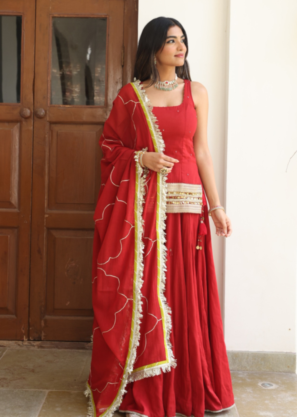 Kumkum-Red-Mulmul-Short-Kurta-With-Skirt
