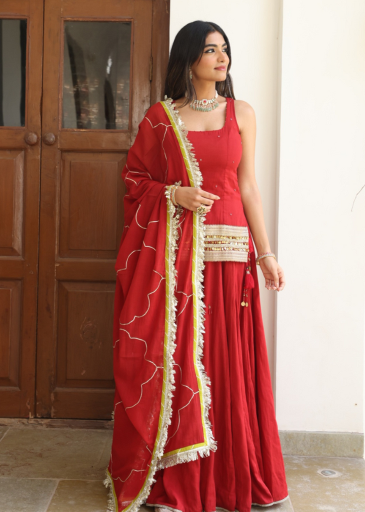 Kumkum-Red-Mulmul-Short-Kurta-With-Skirt