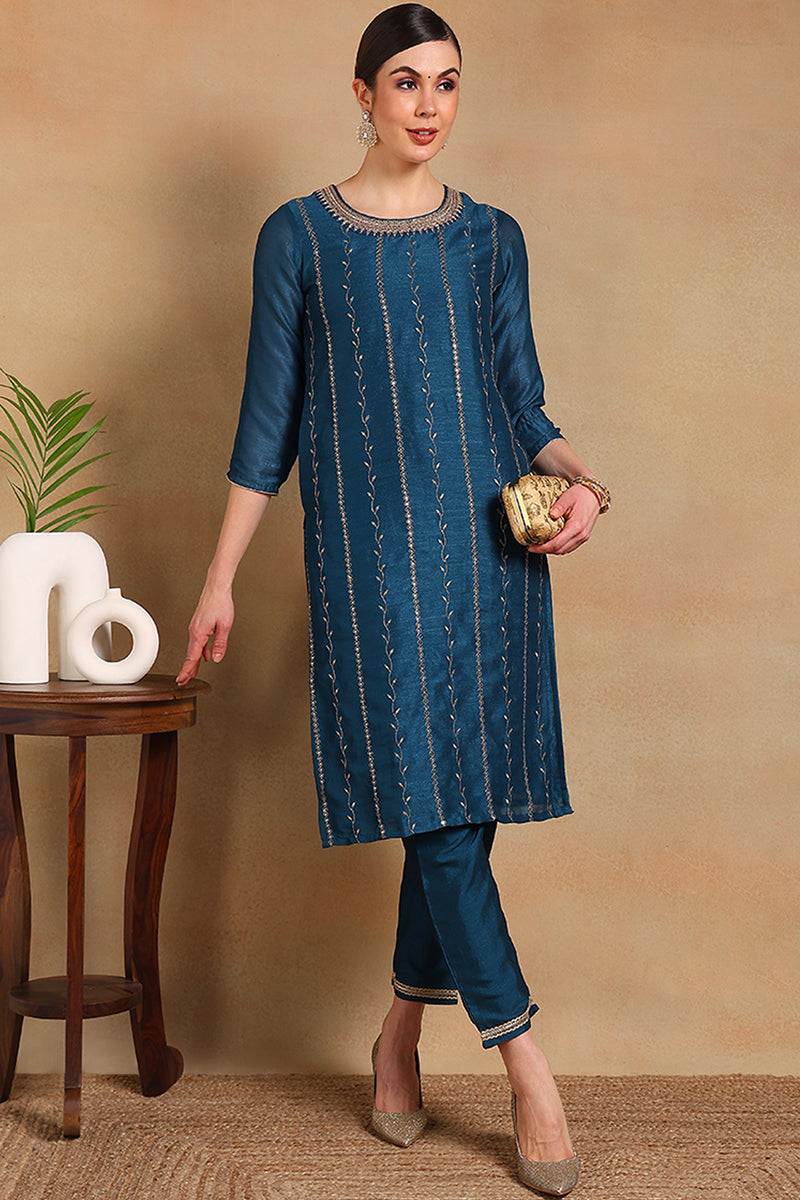 ZERESOUQ-Navy-Blue-Silk-Blend-Solid-Embroidered-Straight-Kurta