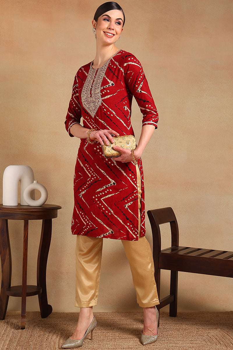 ZERESOUQ-Red-Viscose-Rayon-Chevron-Printed-Straight-Kurta