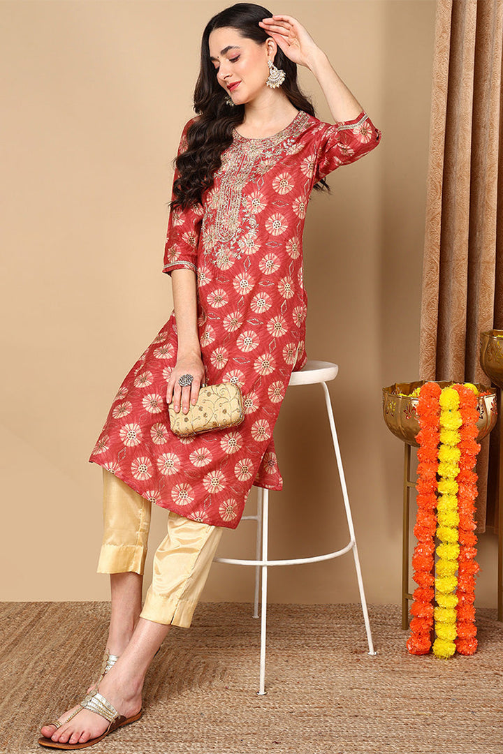 Rust-Red-Silk-Blend-Ethnic-Motifs-Printed-Straight-Kurta