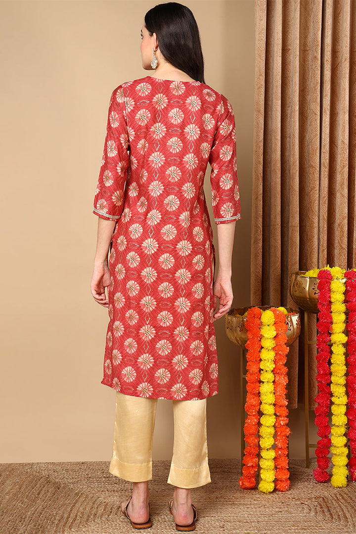 Rust-Red-Silk-Blend-Ethnic-Motifs-Printed-Straight-Kurta