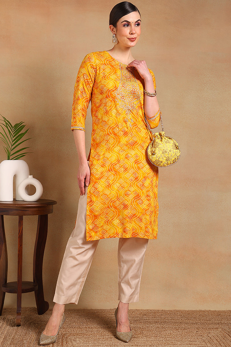 Yellow-Viscose-Rayon-Bandhani-Printed-Straight-Kurta