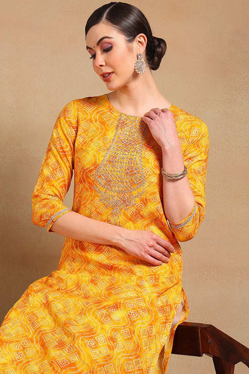 ZERESOUQ-Yellow-Viscose-Rayon-Bandhani-Printed-Straight-Kurta