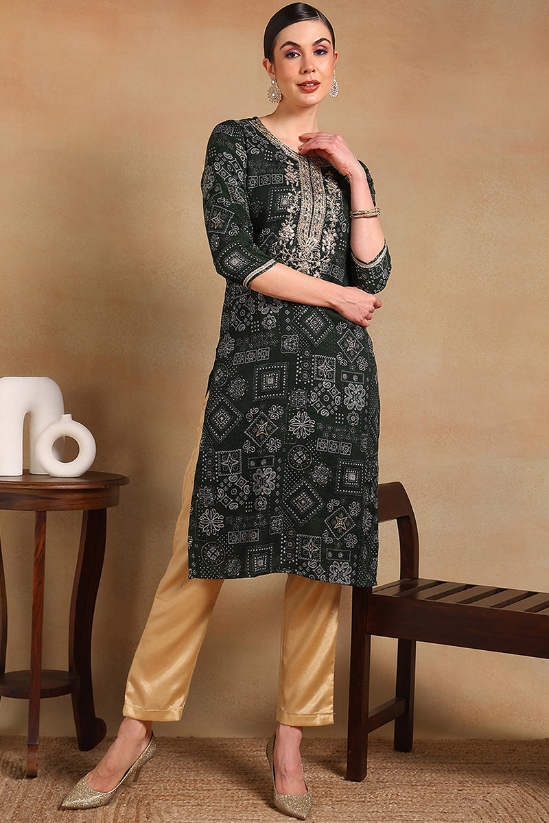 ZERESOUQ-Green-Silk-Blend-Ethnic-Motifs-Printed-Straight-Kurta