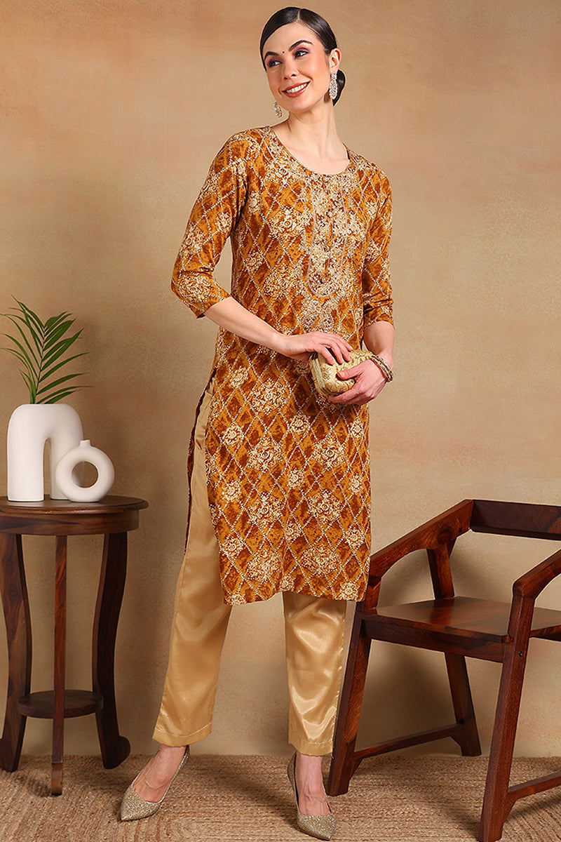 Orange-Viscose-Rayon-Ethnic-Motifs-Printed-Straight-Kurta