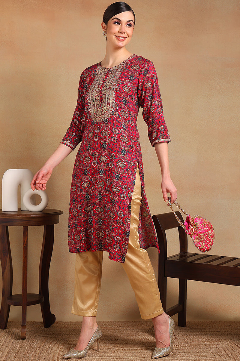 Pink-Viscose-Rayon-Ethnic-Motifs-Printed-Straight-Kurta