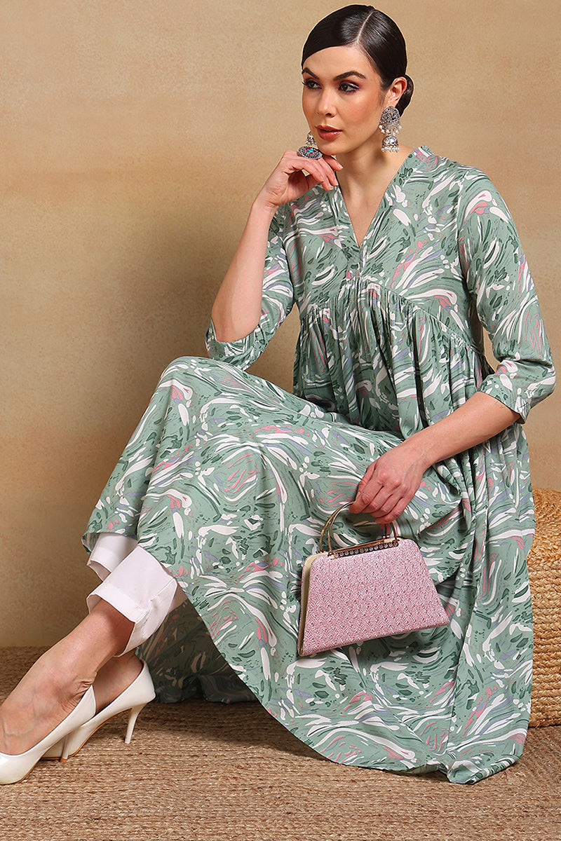 ZERESOUQ-Green-Viscose-Rayon-Floral-Printed-A-Line-Kurta