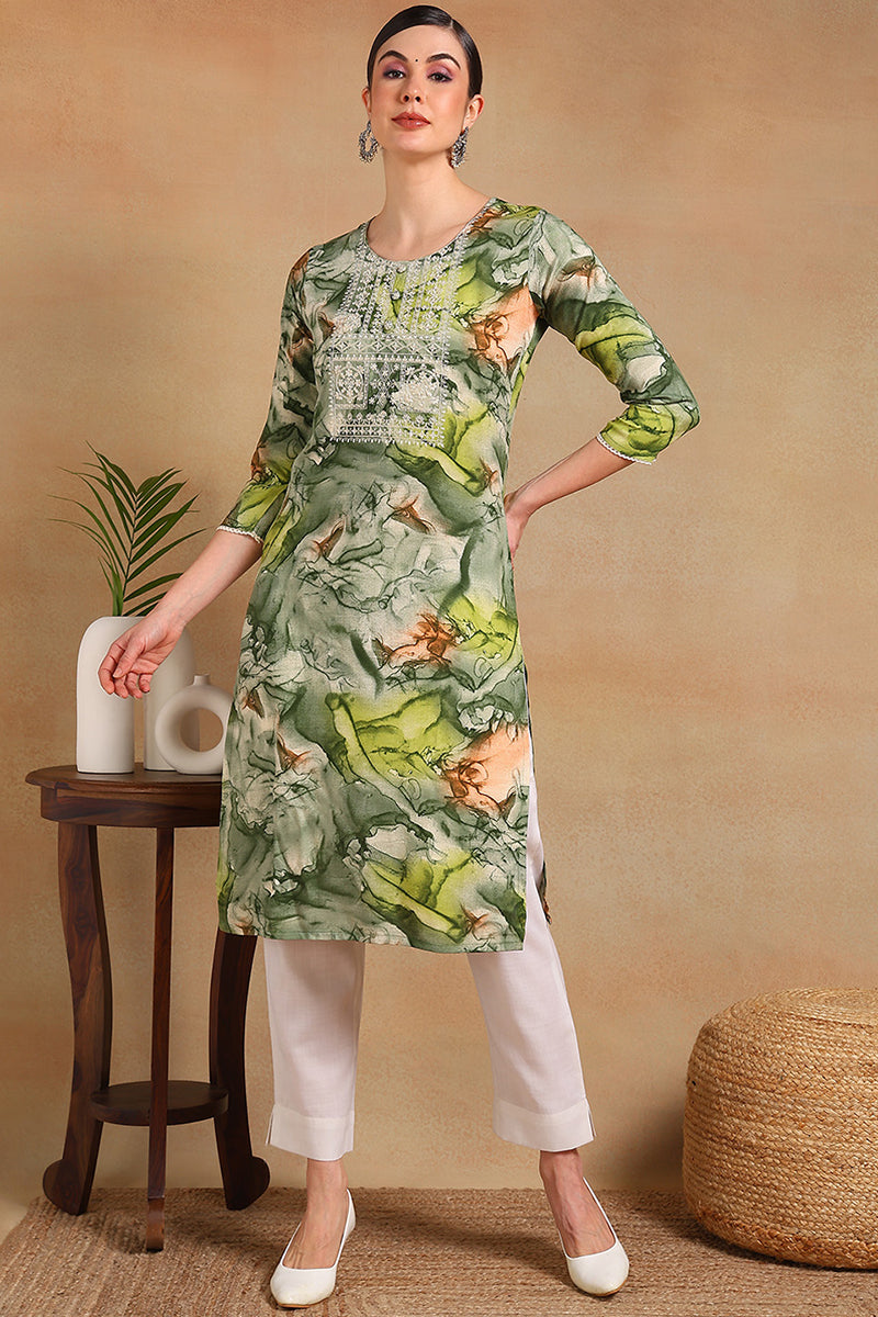 ZERESOUQ-Green-Cotton-Blend-Abstract-Printed-Straight-Kurta